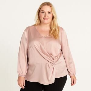 Pleione Twist Long Sleeve Blouse - Size 1X, Pale Mauve